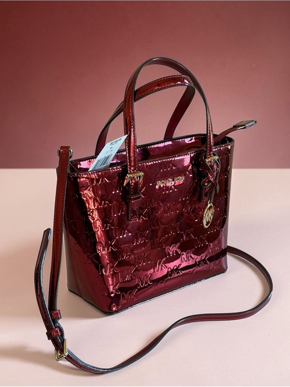 Michael Kors Metallic Burgundy Tote Bag with Shoulder Strap